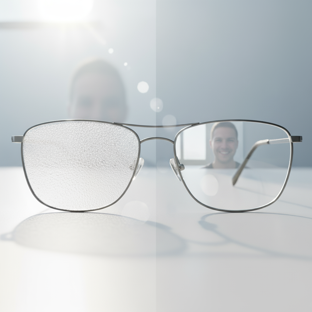 Paire de lunettes avec un verre embué et un verre clair, symbole des solutions pour éliminer la buée sur les lunettes