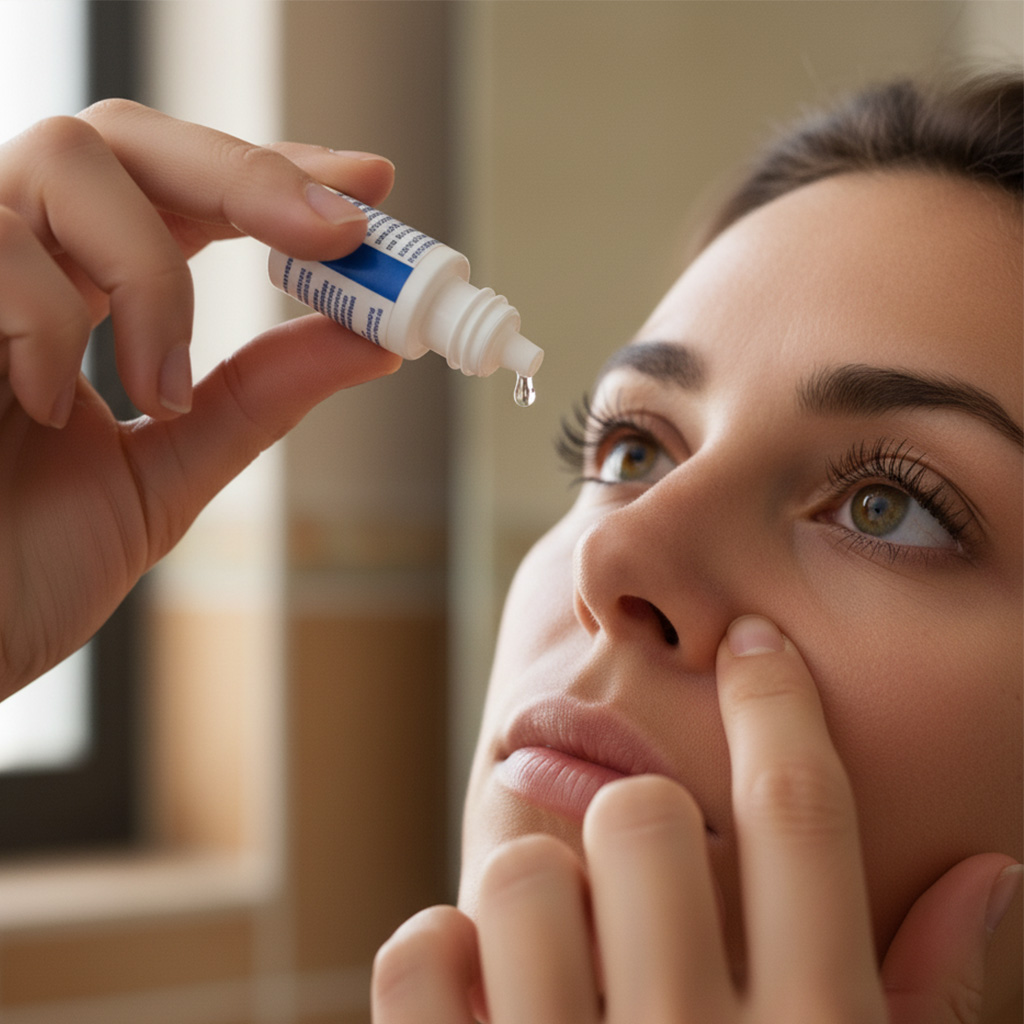 Femme mettant des gouttes oculaires, pour préserver la santé des yeux et éviter les frottements