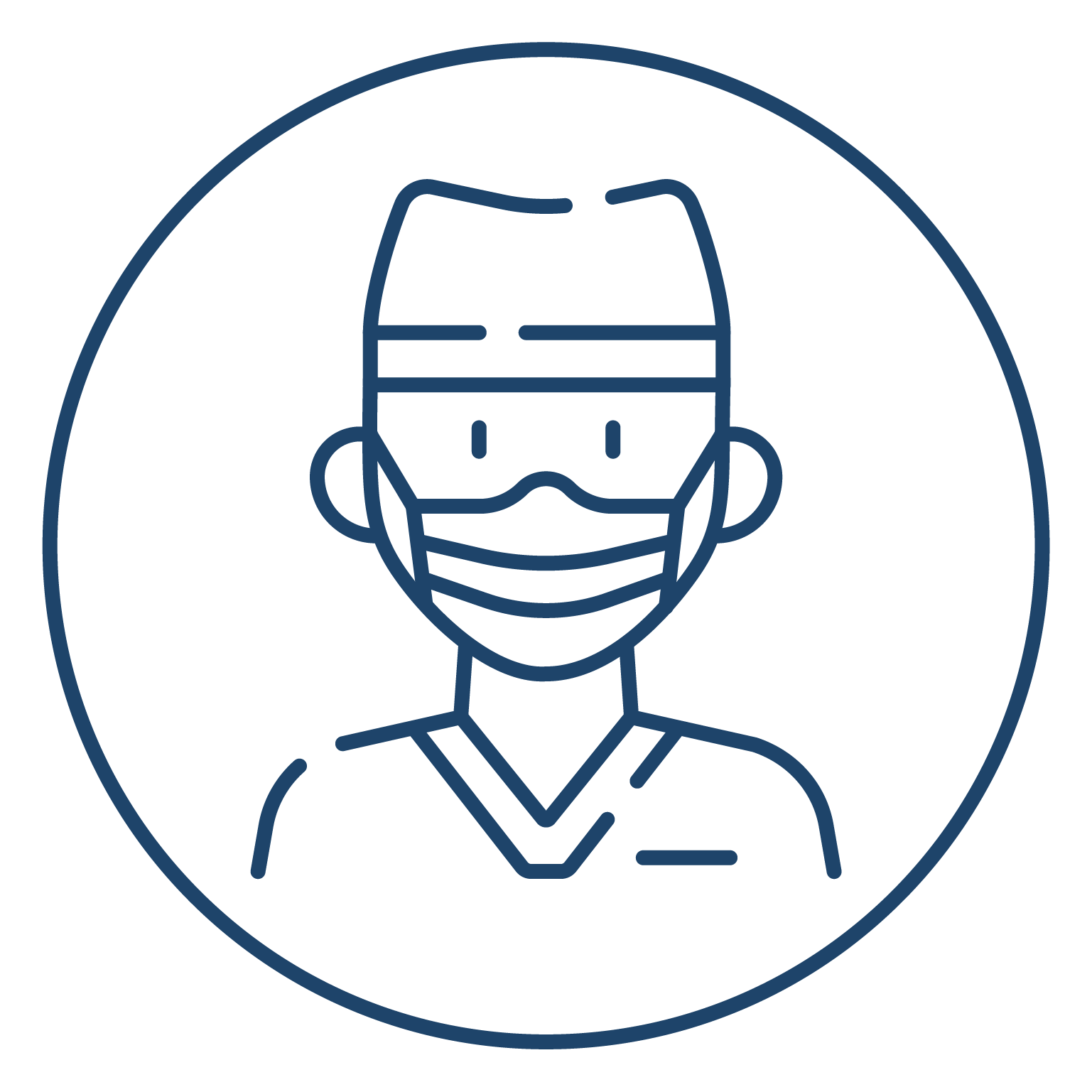 Illustration d'un chirurgien portant un masque et une charlotte, en ligne simple.