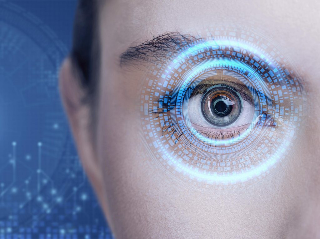 Gros plan d'un œil avec effet pour représenter la reconnaissance Irienne et le eye tracking du alaser femtoseconde teneo