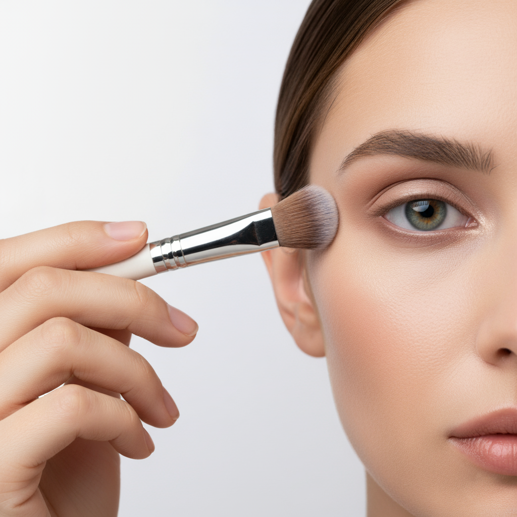 Application de maquillage autour des yeux avec un pinceau, recommandations avant et après chirurgie réfractive