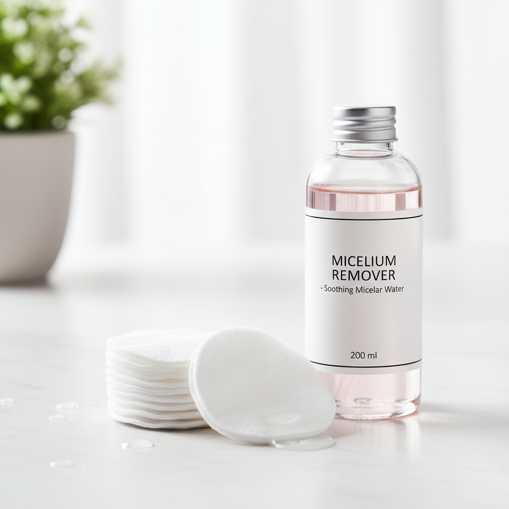 Démaquillant micellaire et cotons, pour le démaquillage avant la chirurgie réfractive