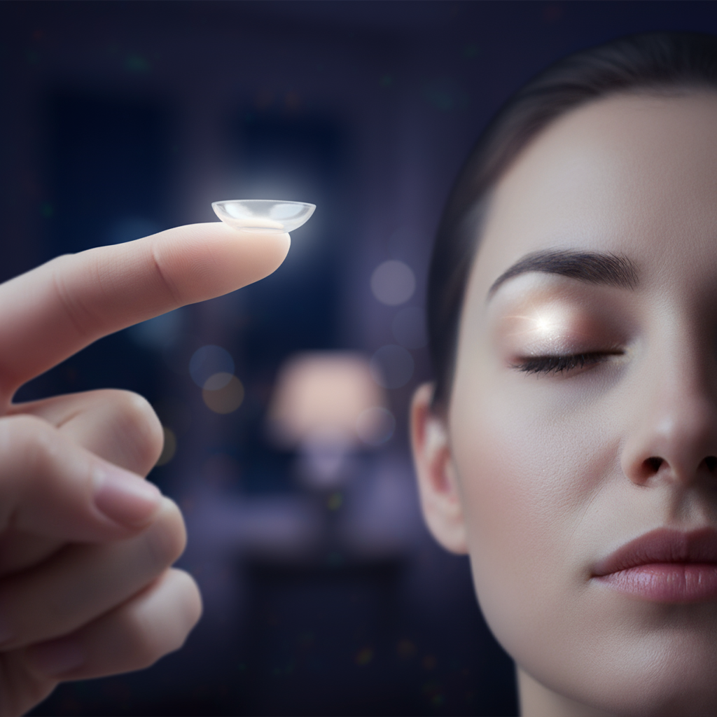 Femme tenant une lentille de contact, illustrant l’orthokératologie comme solution naturelle pour corriger la myopie sans chirurgie