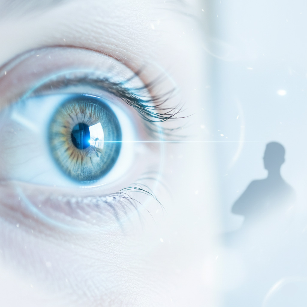 Gros plan sur un œil avec effets lumineux, illustrant la chirurgie laser des yeux et la récupération visuelle