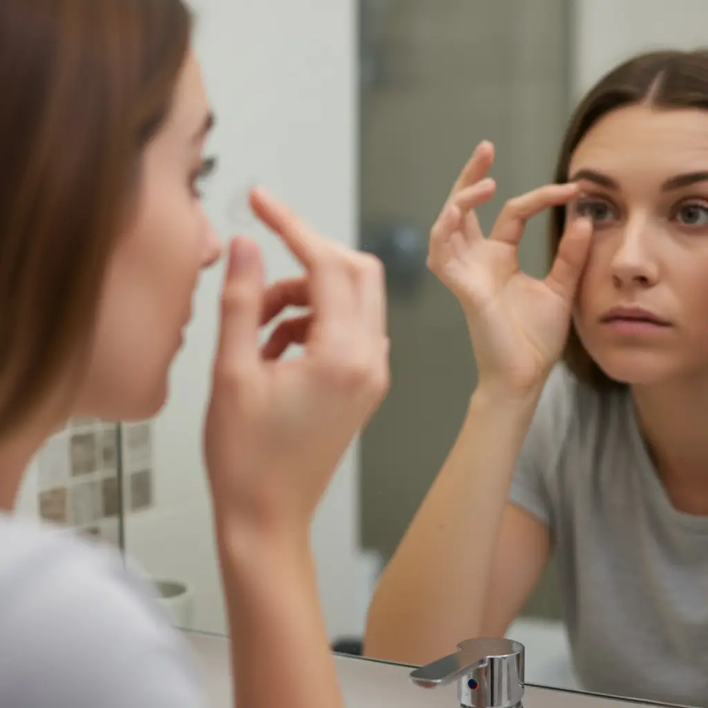 Femme mettant une lentille de contact, illustrant l’orthokératologie comme alternative pour corriger la myopie sans chirurgie