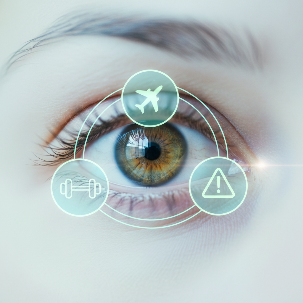 Œil et icones représentant le sport, le voyage et les précautions illustration des conseils post-opératoire après une chirurgie des yeux