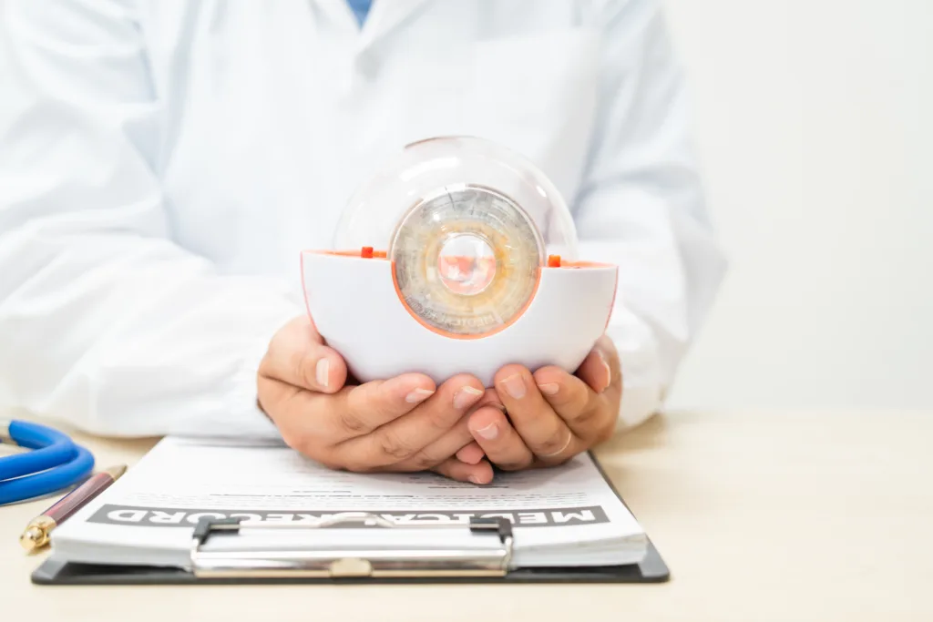 Ophtalmologue posant devant un tableau d’examen de la vision dans un cabinet médical.